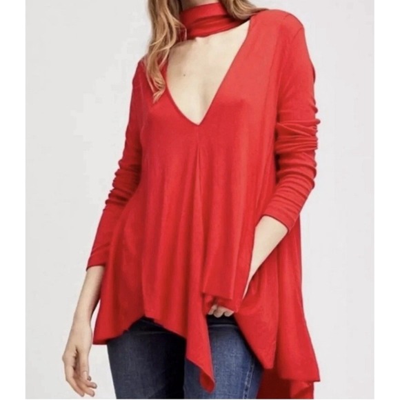 Free People Large Uptown Choker Turtleneck Swing Red Tunic V Neck top Shirt - Picture 6 of 8